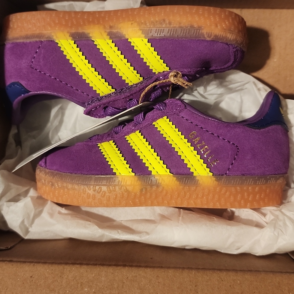 🆕 Adidas Gazelle Purple and Yellow Sneakers